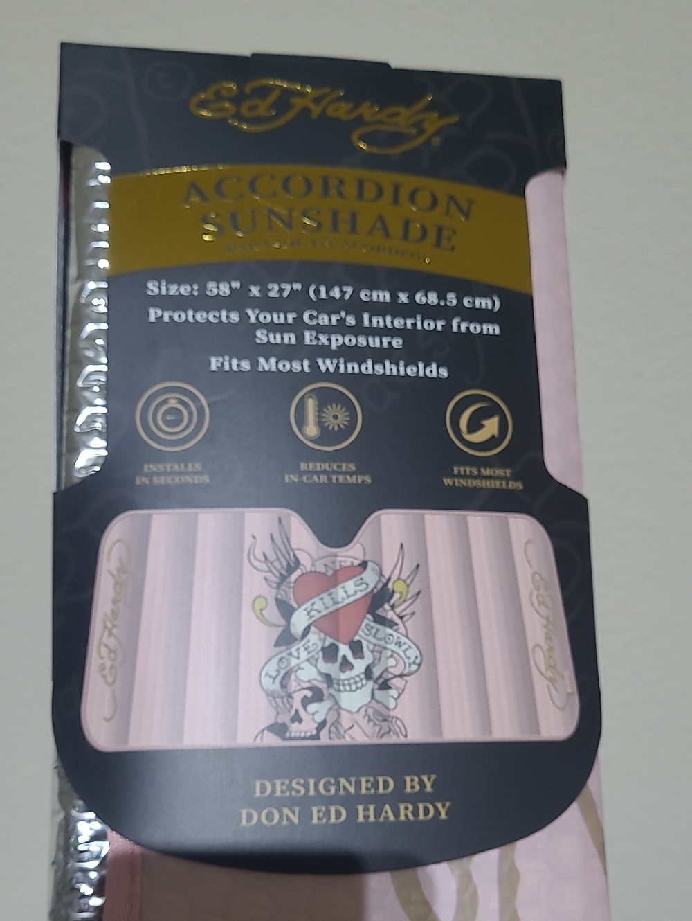 Ed Hardy Pink Stripe Accordion Sunshade with Tattoo Skull Graphic